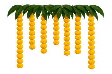 Toran with marigold garlands and mango leaves for indian festivals, celebrating cultural traditions on transparent background
