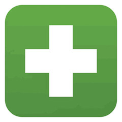 Fototapeta premium Green square icon with a white cross symbol, representing first aid, health, or medical assistance in a simple graphic design