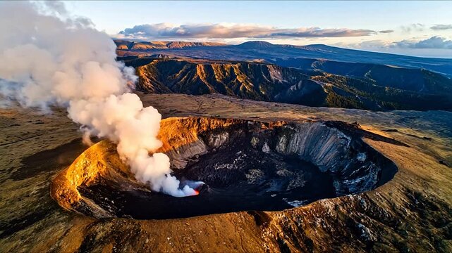Volcano crater with smoke and mountainous landscape