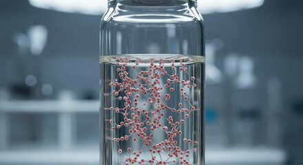 A complex molecular structure model suspended in clear liquid within a glass laboratory vial.