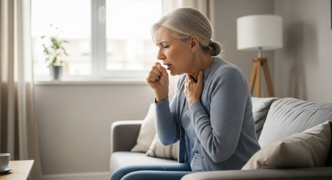 Sick Senior Woman Coughing and Suffering from Chest Pain or Sore Throat at Home