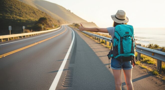 Young Female Backpacker Hitchhiking on Coastal Highway at Sunset