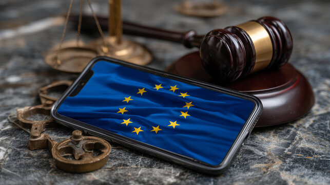 A smartphone displaying a bright EU flag lies on dark stone marble alongside a heavy wooden gavel and broken scale elements, symbolizing cyber governance, tech compliance, and the