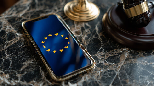 Top-down macro view of a smartphone with the EU flag shining on its display, positioned next to a justice scale arm and a gavel on a reflective charcoal marble surface, illustratin