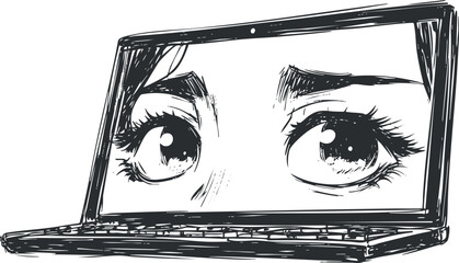 Stylized vector illustration of a laptop displaying expressive eyes, symbolizing connectivity and digital interaction