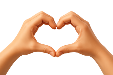 Two human hands forming heart shape gesture symbolizing love and care isolated on white background