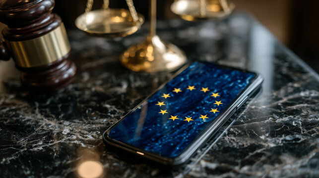 Low-angle close-up of a smartphone with the EU flag illuminated, gavel leaning nearby, justice scale details scattered across black marble, representing the intersection of law, te