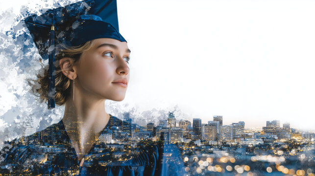 Young woman graduate wearing a cap and gown, her profile blended in a double-exposure effect with a glowing nighttime city skyline, symbolizing ambition, future career opportunitie