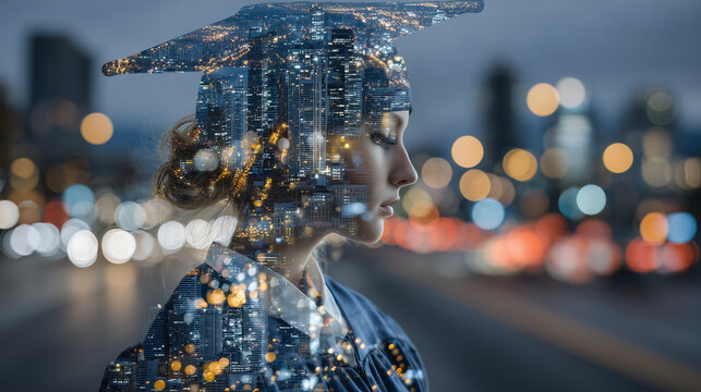 Moody double-exposure portrait showing a young graduateâs profile overlapped with illuminated skyscrapers and busy street lights, symbolizing readiness for the challenges and rewar