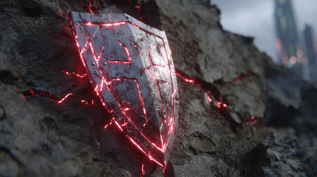 Close-up of a shattered shield emitting red neon pulses against a fractured concrete wall, symbolizing cyber vulnerability and breached security in a high-tech dystopian setting