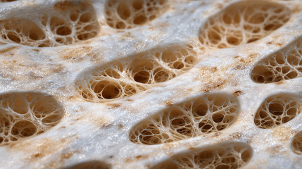Artistic yet scientifically accurate depiction of bone anatomy in close-up, focusing on calcium density, collagen fiber orientation, and porous microarchitecture of healthy bone ti