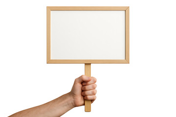 Empty rectangular protest placard with wood frame in fist on clean white background