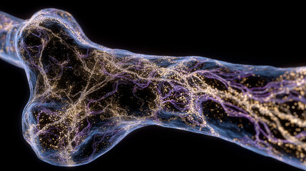 Digital medical artwork of a cross-sectioned human bone, highlighting internal microstructure, calcium accumulation, and fibrous collagen strands, emphasizing anatomy and bone heal