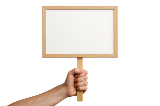 Empty rectangular protest placard with wood frame in fist on clean white background