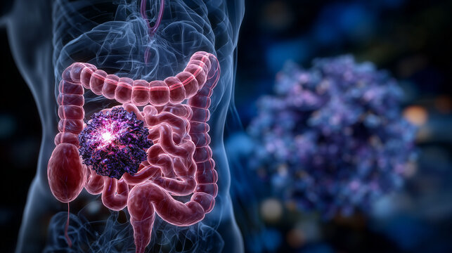 Clinical-style illustration of digestive anatomy showing inner organ structure, annotated tumor region, and textured organ surfaces, linking to cancer diagnosis and medical researc
