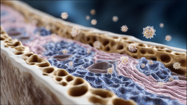 Macro view of bone internal structure, showing cortical and trabecular layers with highlighted calcium crystals and fibrous collagen, suitable for medical textbooks or digital educ