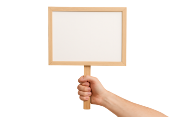 Human hand holding blank wooden signboard with copy space isolated on white background