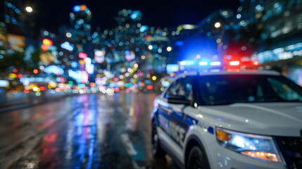Fototapeta premium Close-up of a police cruiser with red and blue sirens blazing, wet pavement reflecting the lights, blurred city lights and neon signs in the distance, capturing intense nighttime u