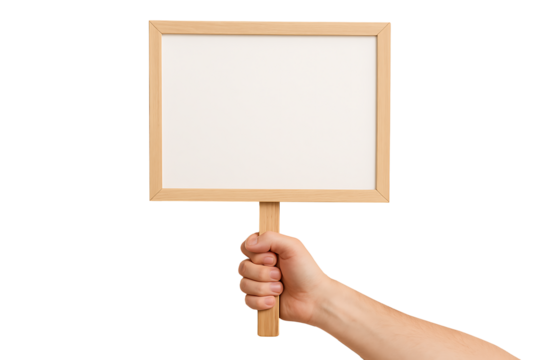 Human hand holding blank wooden signboard with copy space isolated on white background
