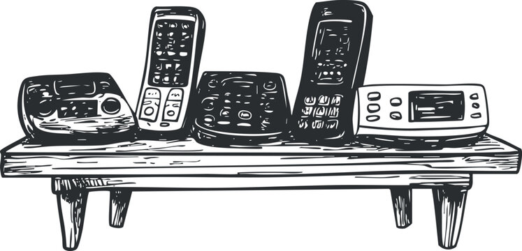 Hand-drawn vector illustration of various remote controls displayed on a wooden shelf for technology and home automation themes