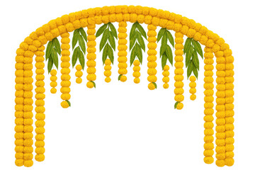 Traditional indian marigold thoranam archway with green leaves for auspicious celebrations and cultural events