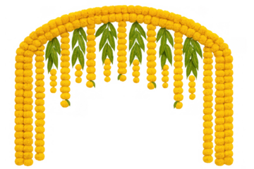 Traditional indian marigold thoranam archway with green leaves for auspicious celebrations and cultural events