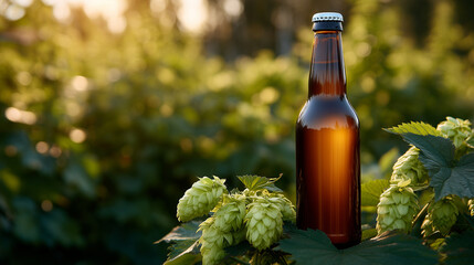 Beer bottle in vibrant hop field, morning sunlight reflecting off amber glass, fresh hop cones surrounding bottle, emphasizing natural farming and quality brewing traditions