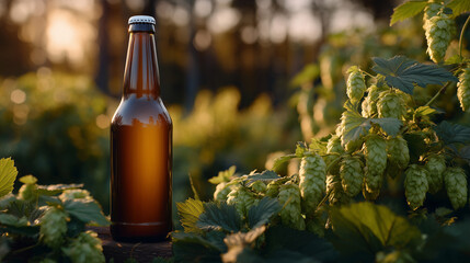 Dynamic low-angle shot of an amber beer bottle surrounded by sunlit hop plants, warm light accentuating textured cones and bottle details, conveying farm-to-glass concept