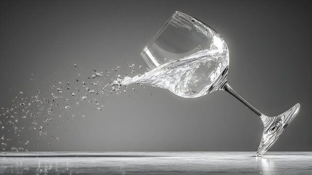 Crystal wine glass shattering with liquid splashing dynamically against a dark background.