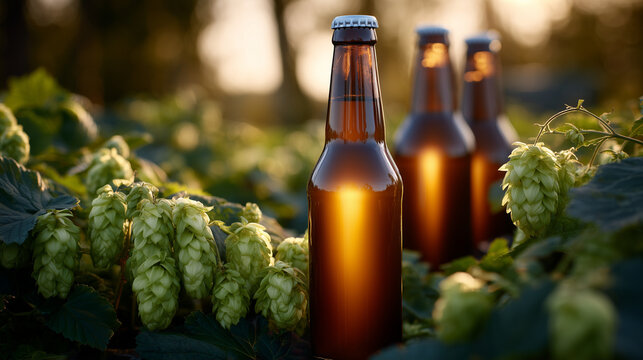 Close-up composition of beer bottle among fresh hop vines, amber liquid glowing in golden sunlight, hop cones rich green and plump, capturing natural brewing process and eco-consci