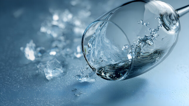 Refreshing clear water splashing into an overturned glass with ice cubes scattered around.