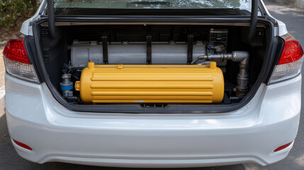 High-detail rear interior view of a car trunk housing a yellow compressed natural gas tank, pipes and regulators visible, highlighting methane-fueled transportation and eco-friendl