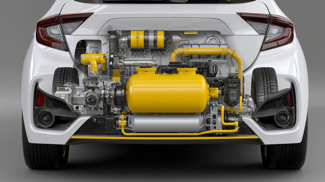 Futuristic car with a yellow CNG tank installed in the rear trunk, GNV piping clearly visible, representing sustainable energy and alternative methane-powered vehicle technology