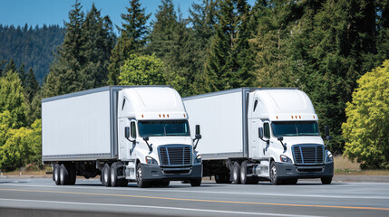 Side-by-side white semi-trucks moving along a straight highway under clear blue skies, sunlight illuminating clean truck exteriors, green trees providing natural roadside scenery