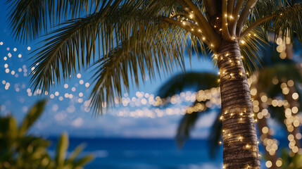 Palm tree trunk illuminated by string lights, soft golden glow contrasting with deepening twilight sky, evoking a tropical holiday atmosphere