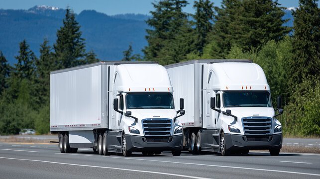 Side-by-side white semi-trucks moving along a straight highway under clear blue skies, sunlight illuminating clean truck exteriors, green trees providing natural roadside scenery