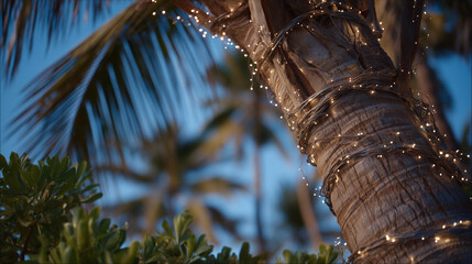 Palm tree trunk spiraled with glowing festive lights, close-up detail, tropical evening light fading to night sky, capturing a relaxing vacation vibe