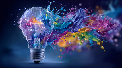 Glowing lightbulb surrounded by vibrant colorful splashes, abstract creative concept illustration representing ideas, innovation, and brainstorming energy for advertising or banner