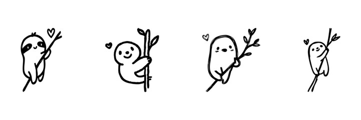Obraz premium Cute Sloth Characters On Branches Line Icon Set In Doodle Style. Adorable Wildlife And Nature Love Outline Sketch Collection. Hand Drawn Isolated Vector Illustration