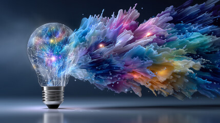 Artistic concept illustration of a luminous lightbulb with colorful dynamic bursts radiating outward, visualizing imagination, idea generation, and brainstorming energy