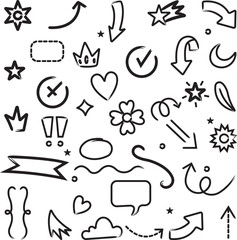 doodle vector hand drawn sketch icons set, doodle vector line art sketch elements
