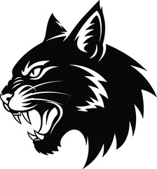 Furious Wild Cat Head Vector Silhouette: Aggressive Snarling Feline Mascot Graphic for Esport Logo, Sports Team Emblem, Tattoo, and T-shirt Print Design.