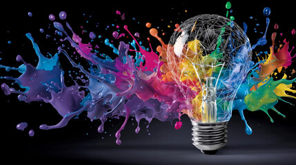 Creative concept art of a radiant lightbulb surrounded by colorful paint bursts, symbolizing innovation, imaginative thinking, and brainstorming energy for marketing purposes