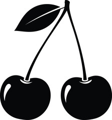 Black Silhouette Vector of Two Cherries on Stems with Leaf, Fruit Graphic for Dessert Menu Design, Food Packaging, Tattoo Stencil, and Summer Harvest Illustration.