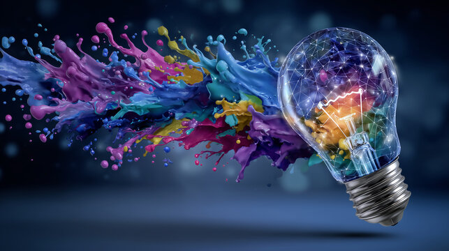 Abstract illustration of glowing lightbulb with dynamic rainbow splashes radiating outward, representing creative ideas, innovation, and conceptual inspiration for banners or artic