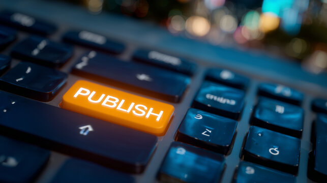 Close-up of a modern computer keyboard with a bright orange Publish button glowing prominently, illuminated against dark blue keys, symbolizing online content creation and digital - Powered by Adobe