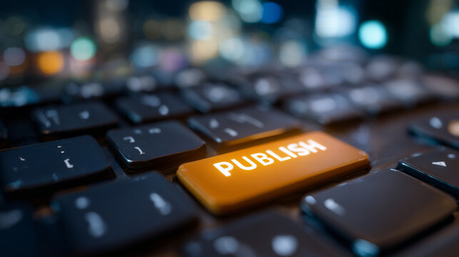 Close-up angle of a modern keyboard with orange Publish key illuminated, surrounding keys darkened for emphasis, symbolizing digital publishing, online updates, and creative workfl
