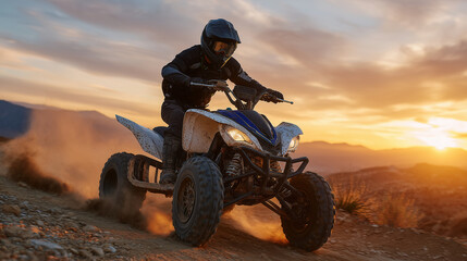 Wide-angle view of quad bike rider kicking up dust on desert trail, sun setting in warm hues behind, highlighting freedom, adrenaline, and active motorsport lifestyle
