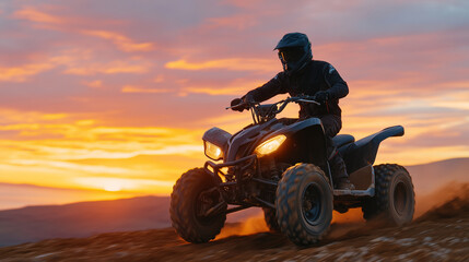 Fototapeta premium Rider on quad bike captured in motion, silhouette against glowing sunset sky, desert sand kicked into the air, symbolizing adventure, freedom, and offroad excitement