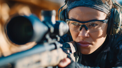 Close-up of competitive shooter holding a rifle at a range, ear protection and glasses in place, aiming at bulls-eye target under controlled lighting, emphasizing precision and ski